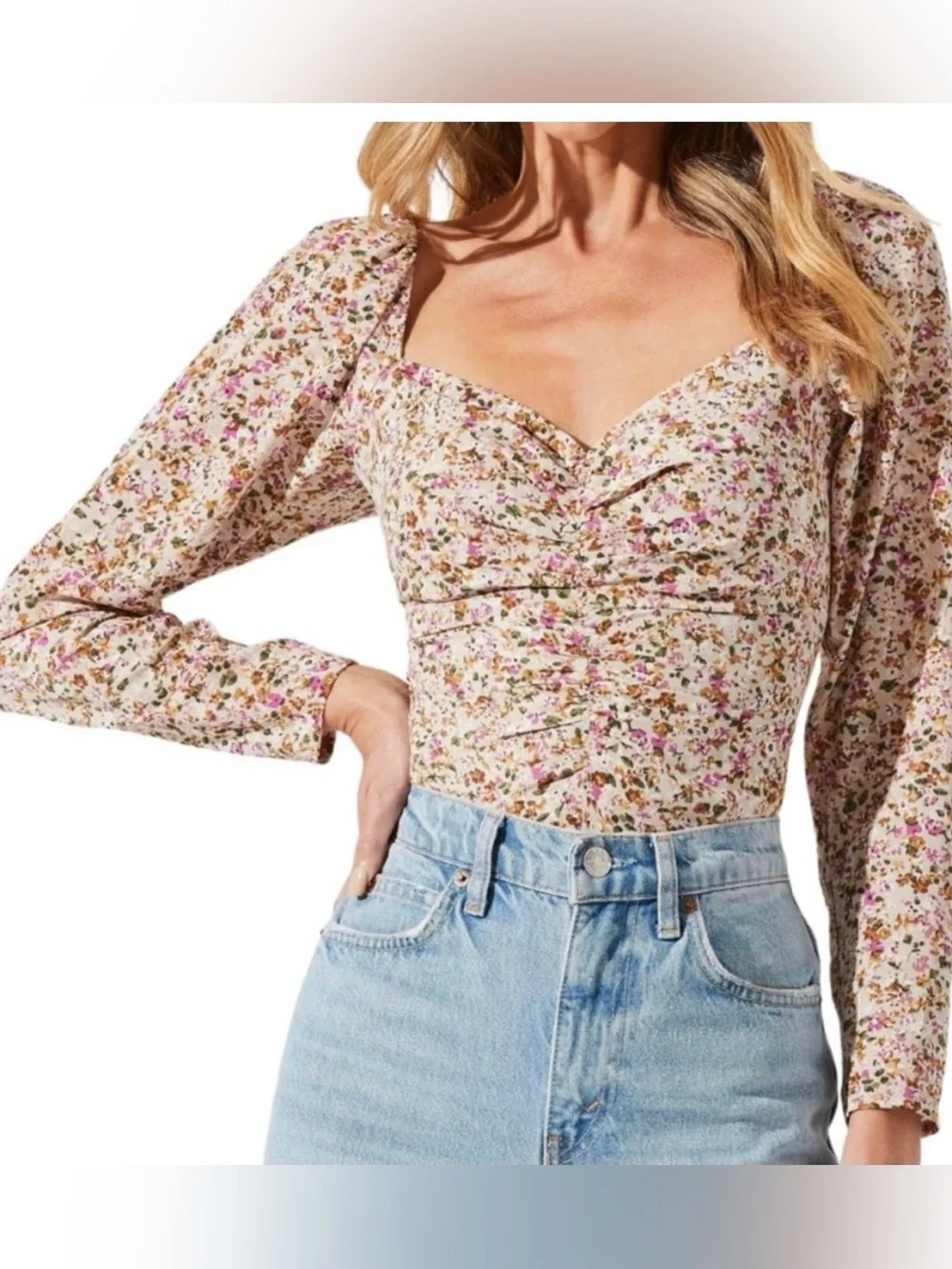 Astr Floral Sweetheart Long-Sleeve Blouse - Blush Multicolor